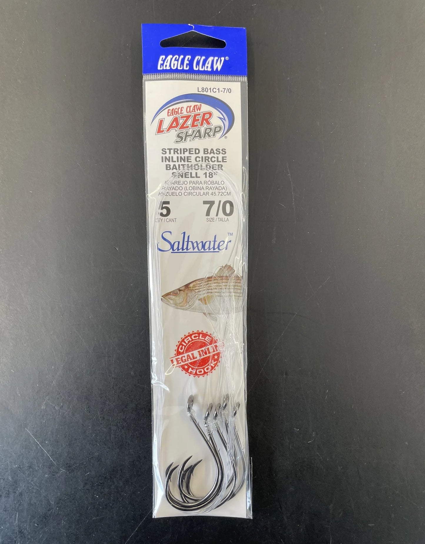 Eagle Claw Lazer Sharp 7/0 Striped Bass Inline Snelled Circle Hooks